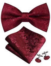 Burgundy Bow Tie and Pocket Square Set for Men Floral Pre-Tied Bowties Cuffli...