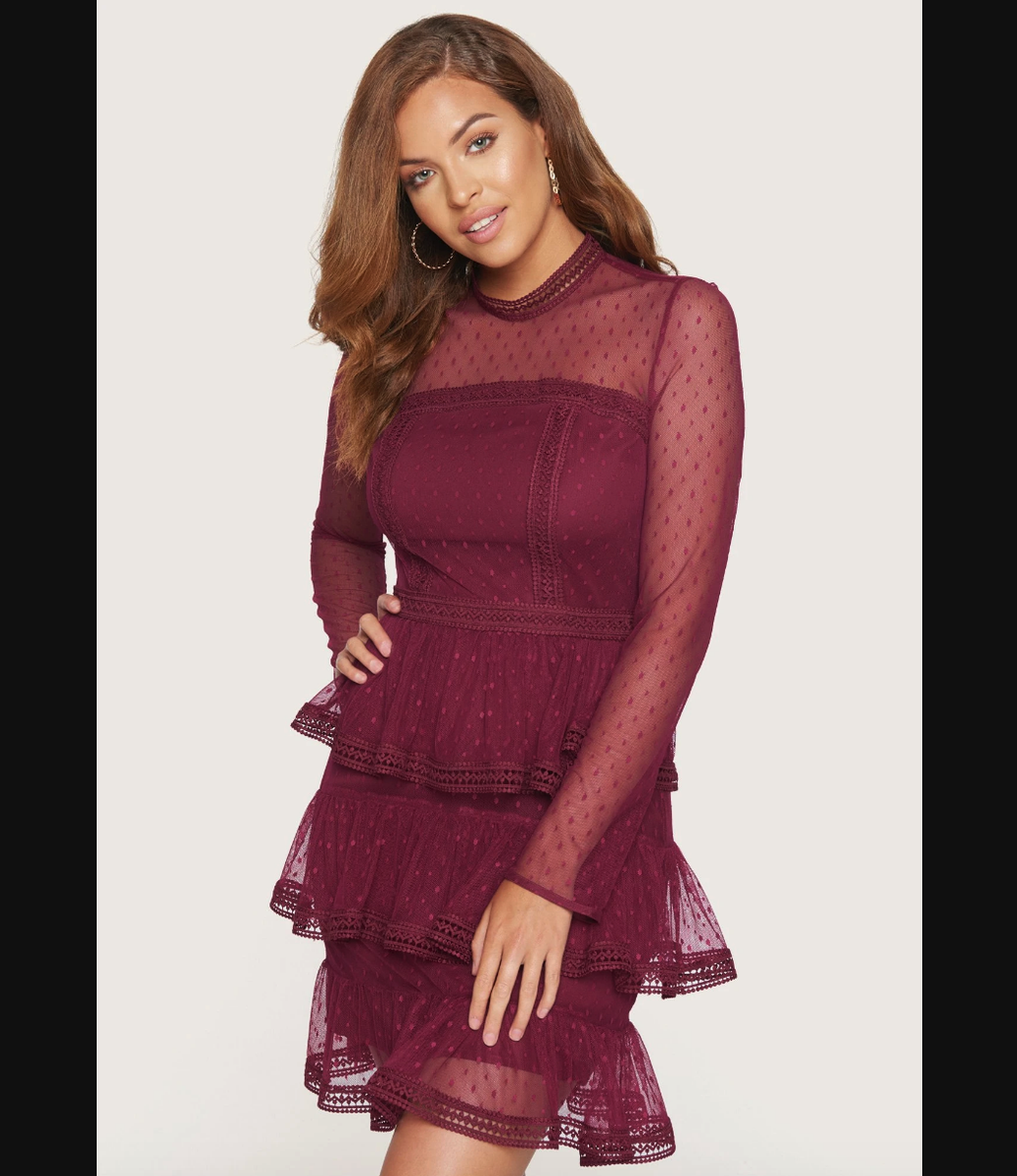 Bebe Lace Dress Tiered Ruffle Mesh Dot Sheer Yoke & Sleeve Burgundy Red NWT  Sz S