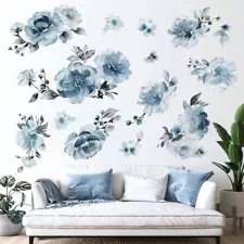  Large Blue Flower Wall Decals Watercolor Floral Blue Peony Wall Stickers 