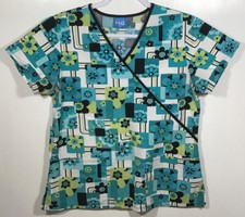 Scrubs Top womens size S Small by Scrub H.Q. mod flowers teal lime green black