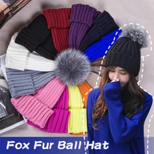 Winter Womens Warm Wool Knit Beanie Large Fur Pom Bobble Hat Knitted Ski Cap
