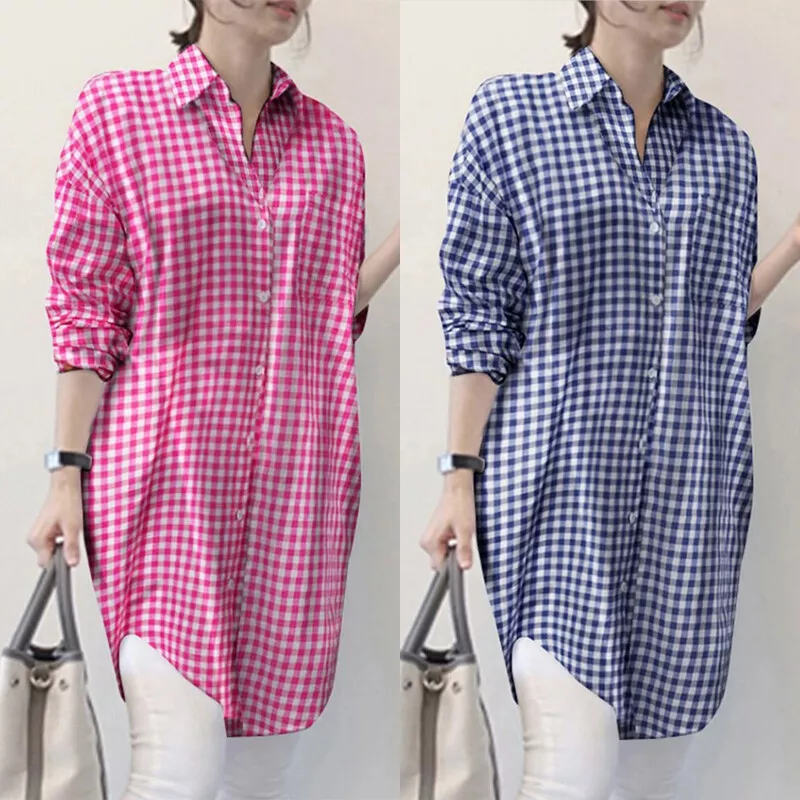 Women Long Sleeve Check Plaid Blouse Ladies Loose Plus Size Casual Tops  Shirt US