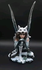 ICE ARMOR 18'' W White Fairy Sitting with Wolf Cap Statue Fantasy