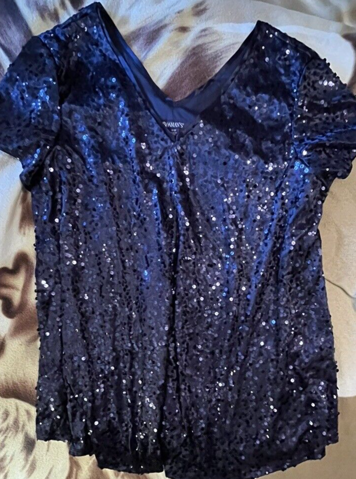 Roamans V Neck Glitter Top 18W dark blue with satin liner, short sleeves