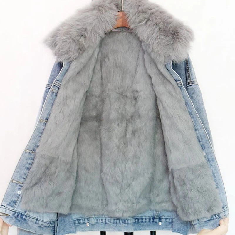 Women Fleece Lined Denim Padded Coat Jacket Thicken Winter Faux