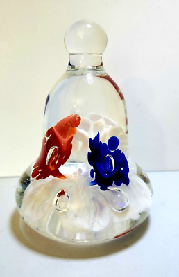 Large 5  Joe Rice ST CLAIR Art Glass Red Blue Trumpet  Bubble Bell Paperweight