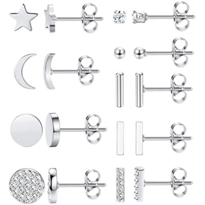9 Pairs Stainless Steel Star Moon Ear Stud Set for Women CZ Stud Earring Jewelry
