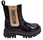 MOSCHINO Teen Ladies Black/Gold Patent Leather Zip Chelsea Boots UK5 NEW RRP260