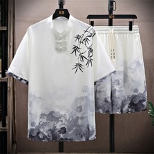 Men Summer Outfit 2-Piece Set Short Sleeve Shirt and Shorts Sweatsuit Set
