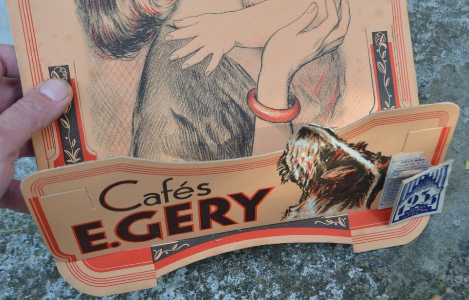 Carton pub ancien, 1935, Cafés E. Gery ( femme, enfant & chien ), porte-lettres - Photo 4/4