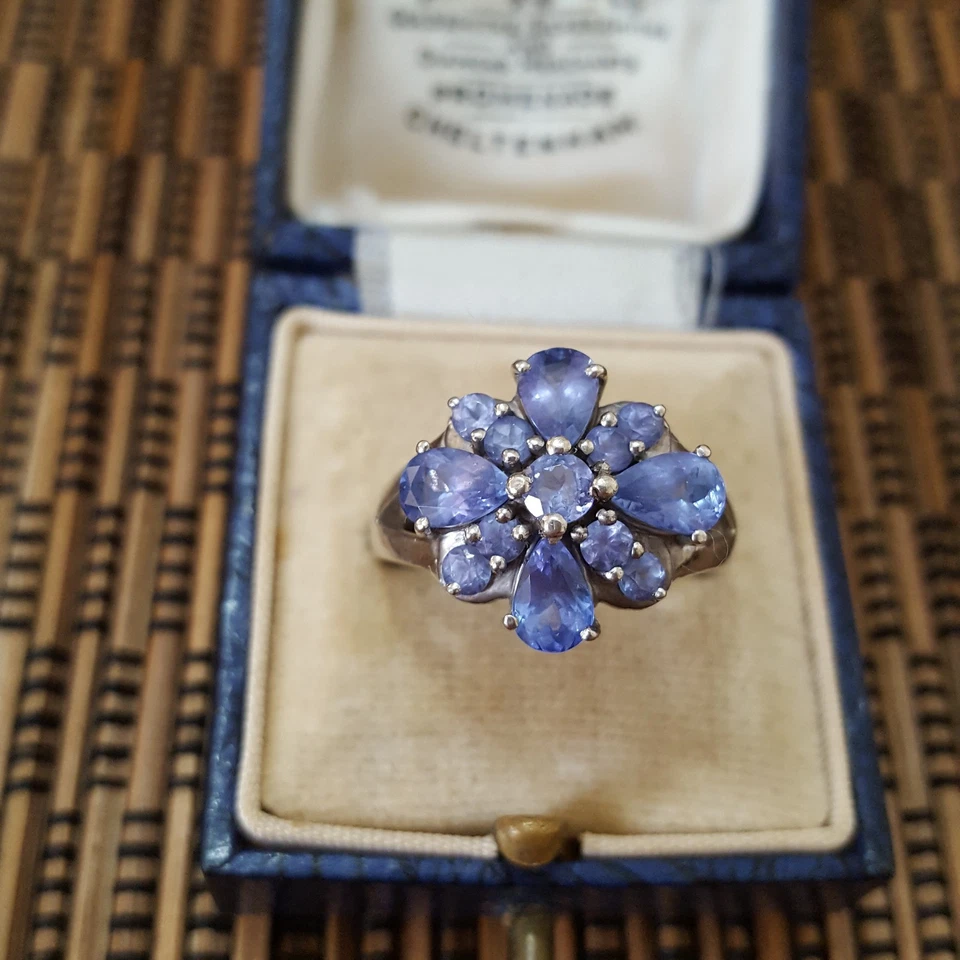 Anillo de Plata de Ley 925, Anillo de Tanzanita Genuino Tipo A, Talla N.5 EE. UU. 7, Floral Foto 3 de 4