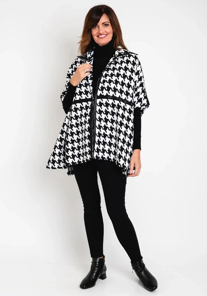 FRANK USHER cape poncho black white houndstooth One Size UK18-20 e5525