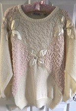 Vintage KOCAL Lace Pearl Sweater Pink Cream Satin Applique Coquette 80s Med/Lg