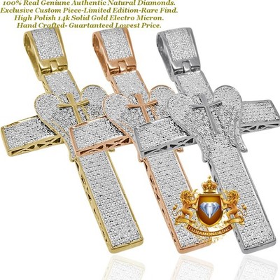 Real Natural Diamonds 0.60 Ctw. Holy Cross Angel Wings Charm Pendant Big 3.50''