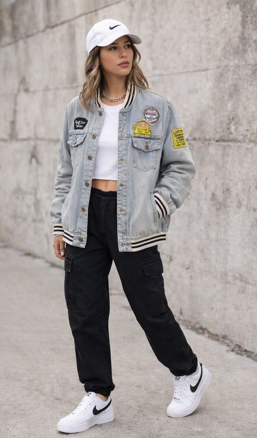 Vintage Style Patchwork Denim Varsity Jacket Bomb… - image 1