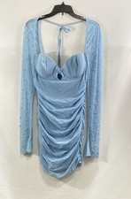 Oh Polly Women's Light Blue Ruched Mini Dress Sheer Beaded Long Sleeve NWT Sz 8