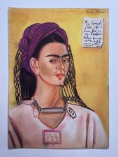 Frida Kahlo Disegno su carta (fatto a mano) firmato e timbrato tecnica mista.