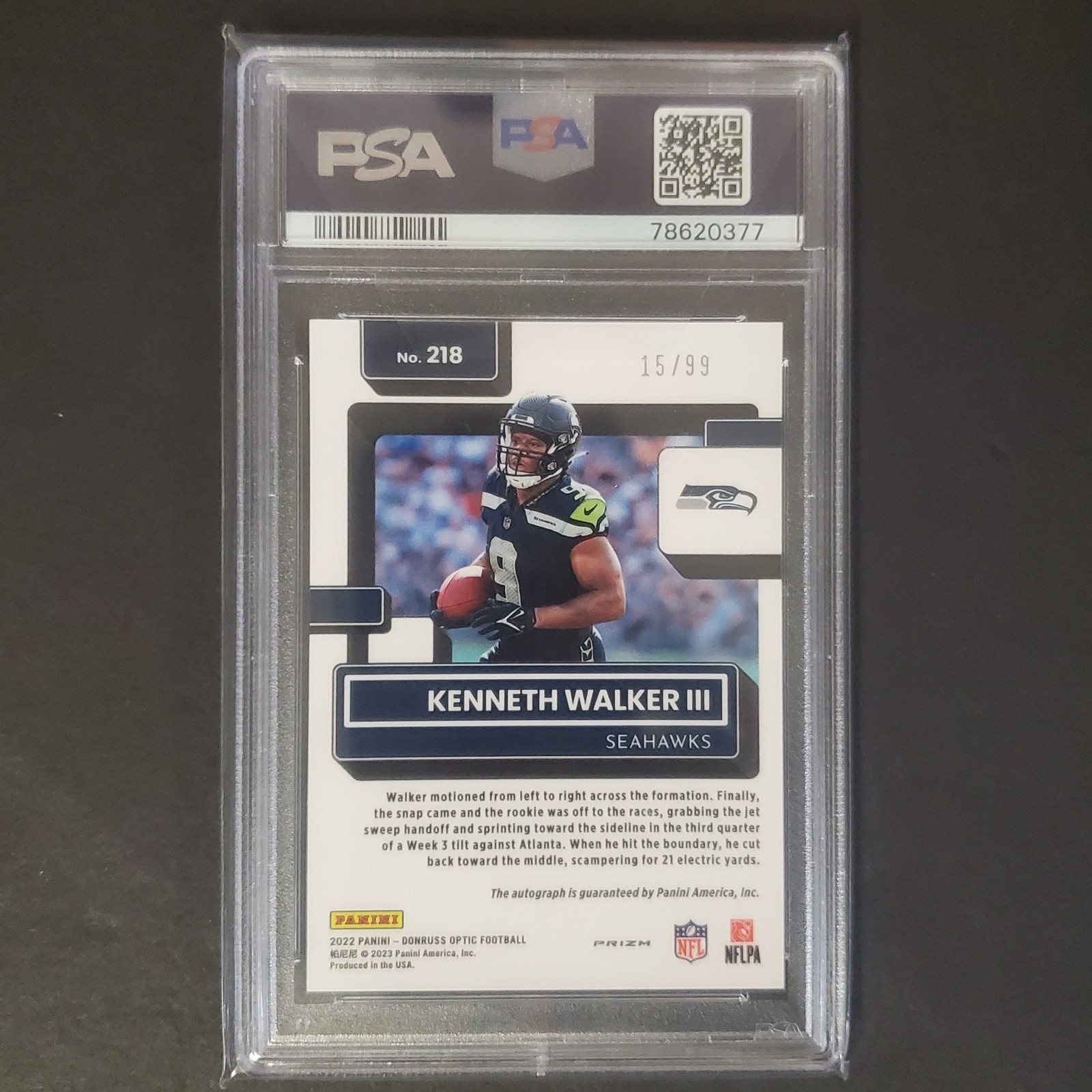 Kenneth Walker 2022 Optic Blue RC Autograph 15/99 POP 10 PSA 9 view 2