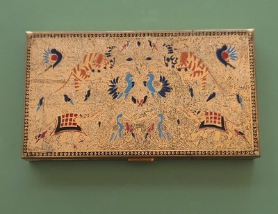 Vintage VOLUPTE Art Deco Brass Powder Cosmetic Box Elephant Peacock Indian Style