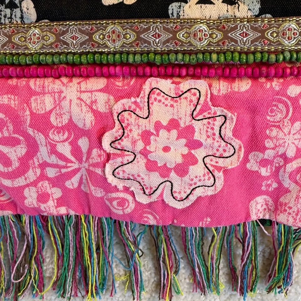 Y2K Mudd 波西米亚花卉印花单肩包 斜挎包 蓝绿色衬里 Snap Close 条纹 — 第 3/4 张图片