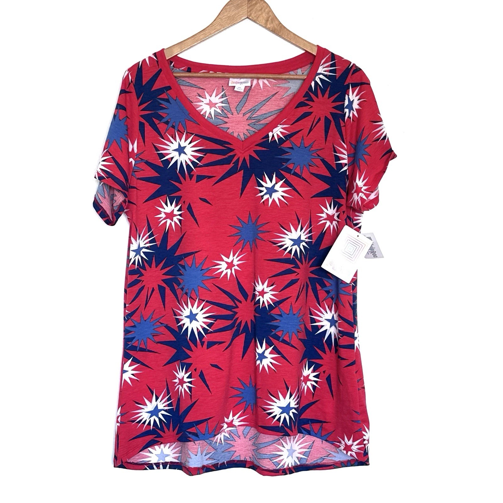 NWT Lularoe Shirt Women’s XL Red White Blue Fireworks Shorts Sleeve V Neck Top