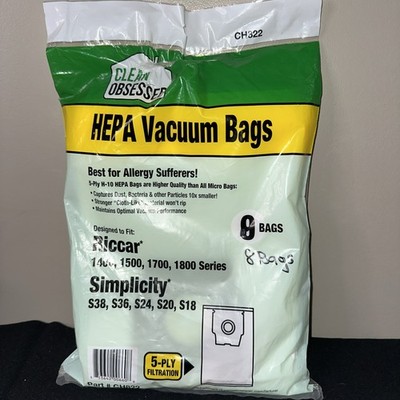 RICCAR CH822~SIMPLICITY CLEAN OBSESSED H-10 HEPA VACUUM BAGS~5 PLY~8 BAGS