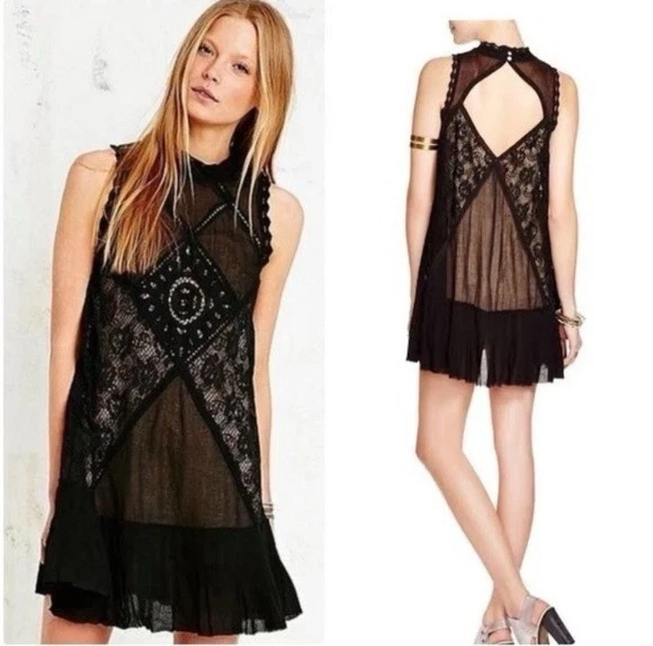 Mini Vestido Free People Angel Negro Transparente Gasa Boho Crochet Encaje Victoriano Gótico Foto 2 de 4