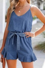 Spaghetti Straps V Neck Belted Ruffled Leg Chambray Romper