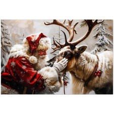 Santa Claus With Reindeer Christmas Winter Art Print Poster