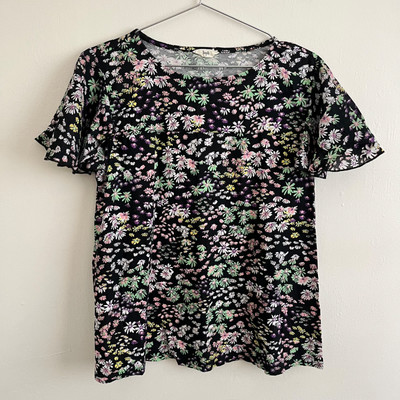 Hush Ambroise Frill Sleeve Top Black Daisy Floral Print Cotton - Size Medium M