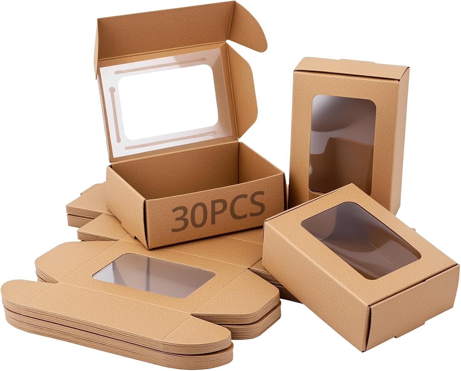30 Pack Kraft Paper Gift Boxes with Clear Window, 85x60x30mm Small Present
