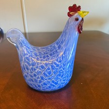 VTG Murano Style Art Glass Rooster Chicken Figurine Blue Red Farmhouse Decor