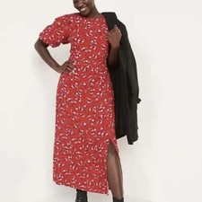 Old Navy XXL Womens Puff Sleeve Dress Midi Open Back Red Floral Print 