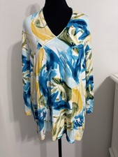 Chicos Women  s Tunic Top Size XL Chicos Size 3 Yellow Blue 3/4 Sleeve