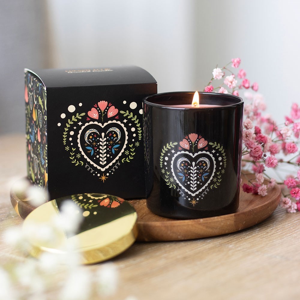 Midnight Bloom Folk Art Design Black Glass Jar French Tulip  Scented Gift Candle