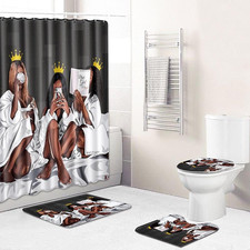 4Pcs African American Black Women Waterproof Shower Curtain Sets for Bathroom wi