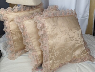 Bess Alexis Blush Damask Decorative Throw Pillow Set (3) Lace Trim Victorian...