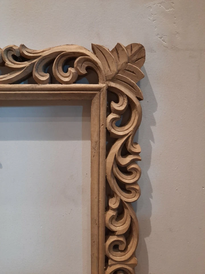 Wooden Rectangle Shape Handmade Carved Natural Color Teak Wood Mirror Frame - Image 3 of 4