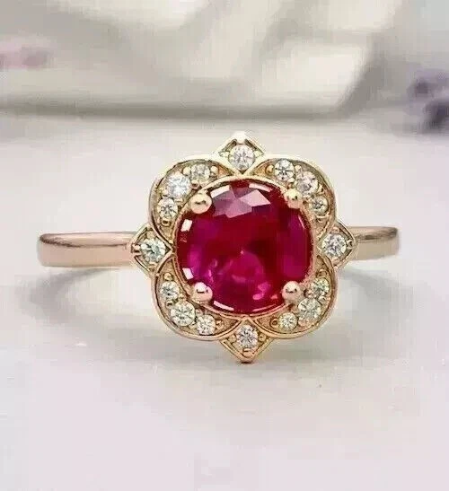 Anillo de boda redondo de oro amarillo de 14 K de 2,00 quilates con rubí y diamantes creados en laboratorio FN para mujer Foto 4 de 4