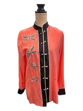 Bob Mackie Top S Pink Silk Dragonfly Embroidered Faux Pearl Button Up Artsy