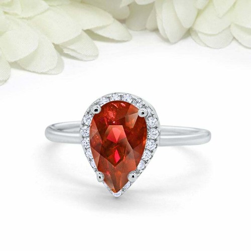 3ct Pear Red Gemstone Ring Diamond Halo Minimalist 925 Sterling