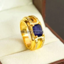 Blue Sapphire Oval Cut With 925 Sterling Silver Gold Plated Ring For Men #B589 *