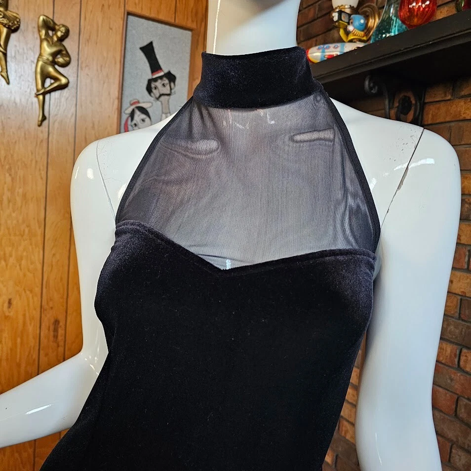 Vestido Gargantilla Formal Terciopelo Elástico Gótico Vampiro Años 90 De Colección Hendidura Alta Negro Vestido M/L Foto 2 de 4