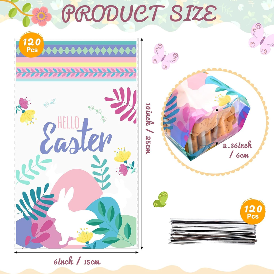 120 Pcs Easter Treat Bags Flat Clear Cellophane Bags with 120 Pcs Twist