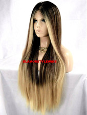 360 Free Part Human Hair Blend Lace Front Wig Long Balayage Ombre Brown Blonde