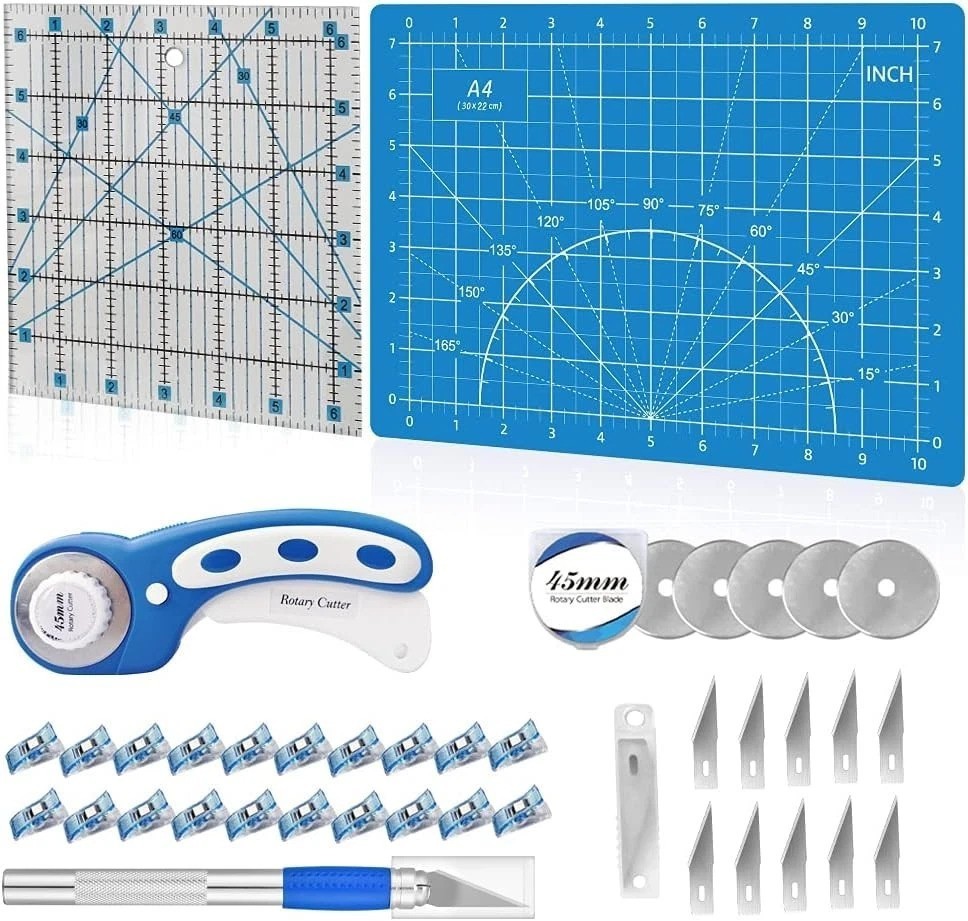 39-Piece Blue Rotary Cutter Set: Complete Quilting Kit with Safety Features