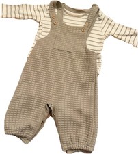 Baby Clothes 0-3 Months Beige Quilted Dungarees & Striped Long Sleeve Top Set