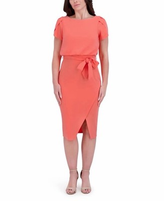 Kensie Women's  Cinched Tulip-Sleeve Tie-Waist Sheath Dress Coral Pink 16