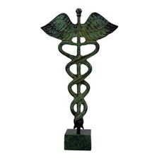 Pequeño Caduceo Símbolo de Dios Hermes Mercurio Hecho a Mano Verde Real Bronce Metal Arte