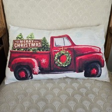 "Merry Christmas" Throw Pillow 16x8 Vintage Red Truck with Holiday Trees Wreath